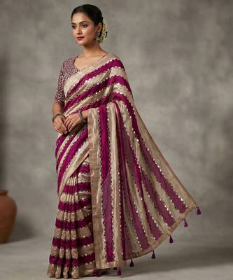 Wine Color Hand Aari Work With Real Handwork Gold Mirror Work Silk Blend Saree 1