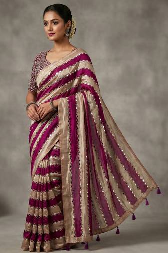 Wine Color Hand Aari Work With Real Handwork Gold Mirror Work Silk Blend Saree