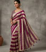 Wine Color Hand Aari Work With Real Handwork Gold Mirror Work Silk Blend Saree