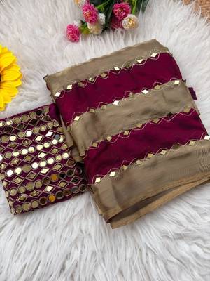 Wine Color Hand Aari Work With Real Handwork Gold Mirror Work Silk Blend Saree 3