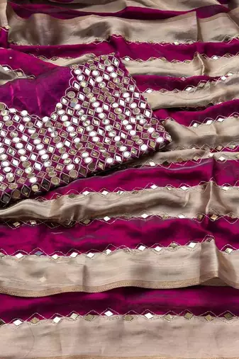 Wine Color Hand Aari Work With Real Handwork Gold Mirror Work Silk Blend Saree