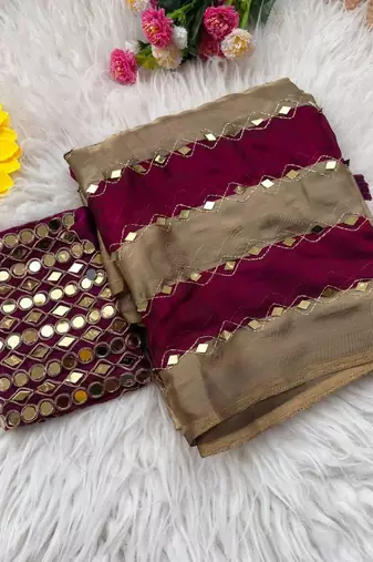 Wine Color Hand Aari Work With Real Handwork Gold Mirror Work Silk Blend Saree
