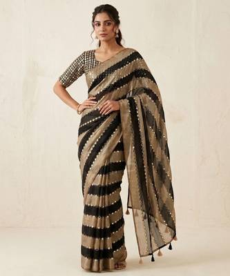 Black Color Hand Aari Work With Real Handwork Gold Mirror Work Silk Blend Saree 1