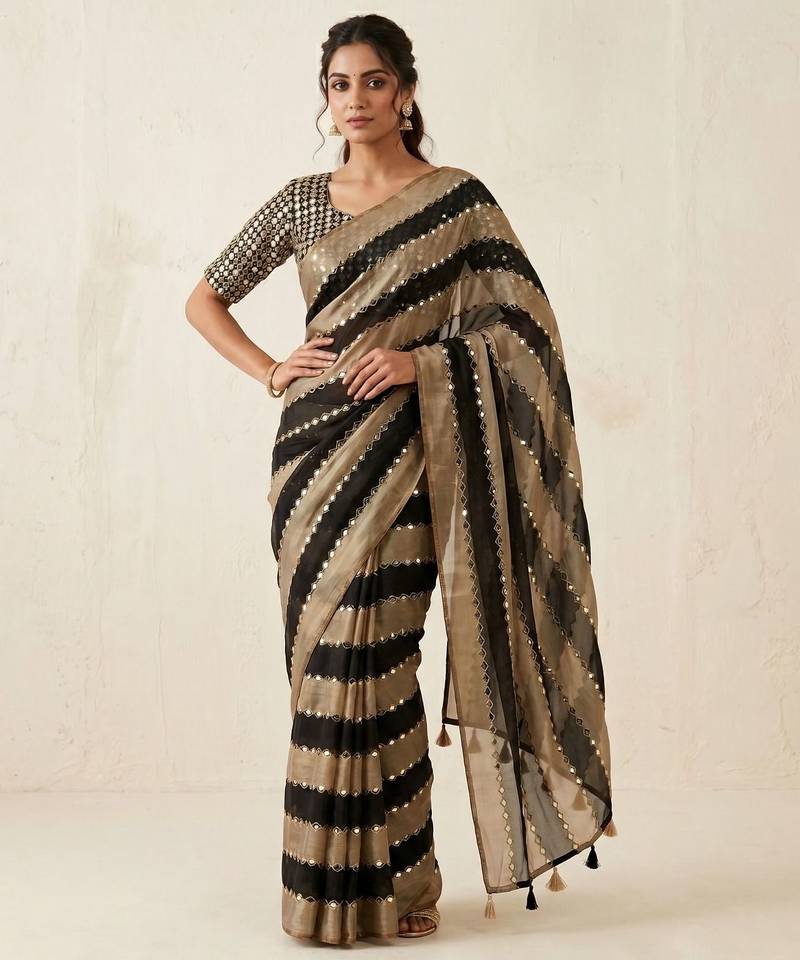 Black Color Hand Aari Work With Real Handwork Gold Mirror Work Silk Blend Saree