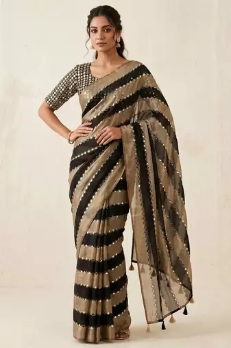 Black Color Hand Aari Work With Real Handwork Gold Mirror Work Silk Blend Saree
