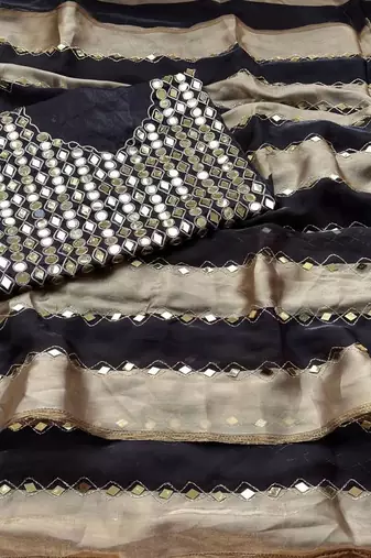 Black Color Hand Aari Work With Real Handwork Gold Mirror Work Silk Blend Saree