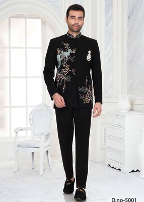 Black embroidered bandhgala suit for mens 1