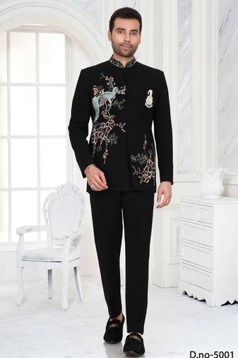 Black embroidered bandhgala suit for mens