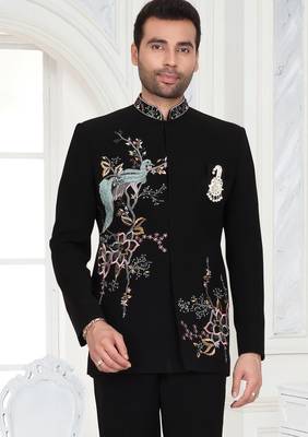 Black embroidered bandhgala suit for mens 2