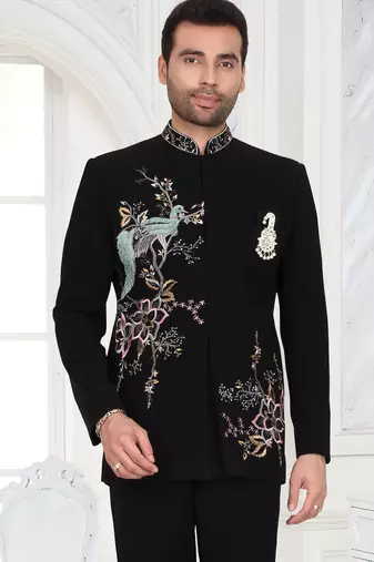 Black embroidered bandhgala suit for mens