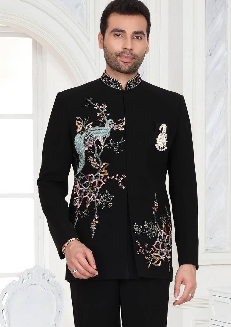 Black embroidered bandhgala suit for mens
