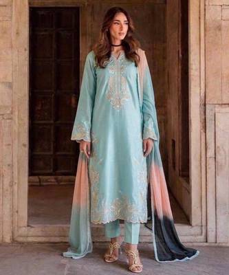 Sky-blue rayon embroidered kurta set 1