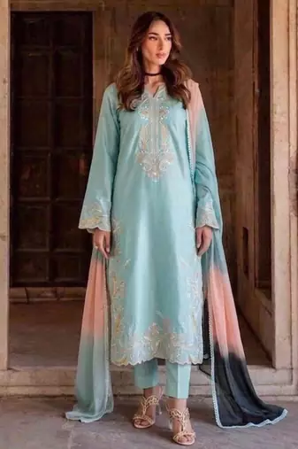 Sky-blue rayon embroidered kurta set