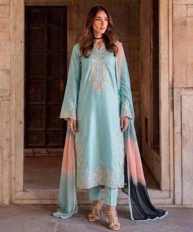 Sky-blue rayon embroidered kurta set