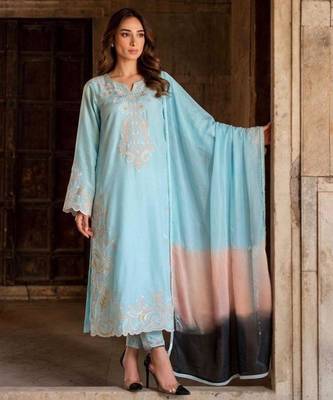 Sky-blue rayon embroidered kurta set 2