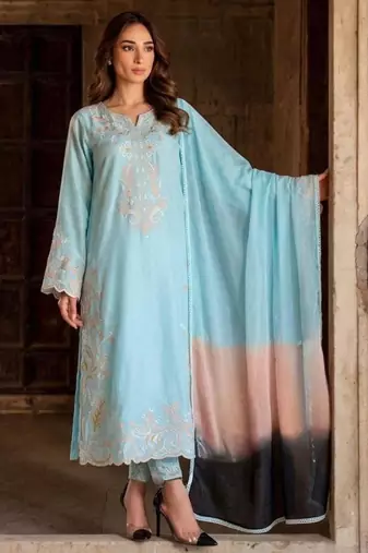 Sky-blue rayon embroidered kurta set