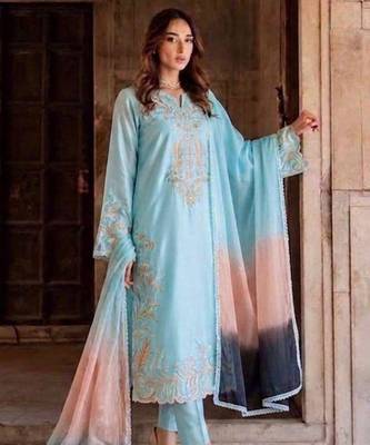 Sky-blue rayon embroidered kurta set 3