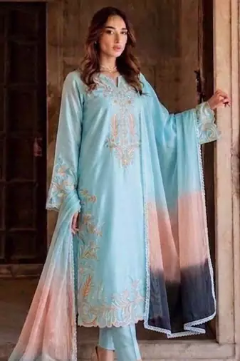 Sky-blue rayon embroidered kurta set