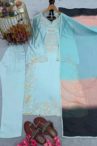Sky-blue rayon embroidered kurta set