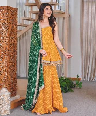 Dark-yellow faux georgette printed palazzo set 1