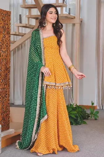 Dark-yellow faux georgette printed palazzo set
