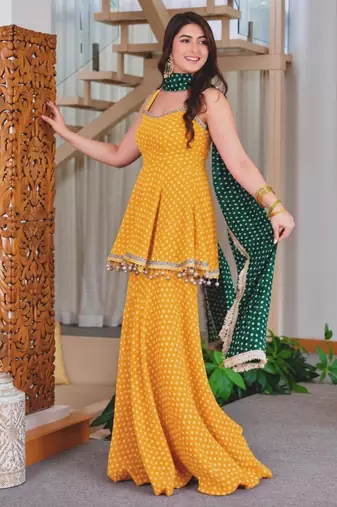 Dark-yellow faux georgette printed palazzo set