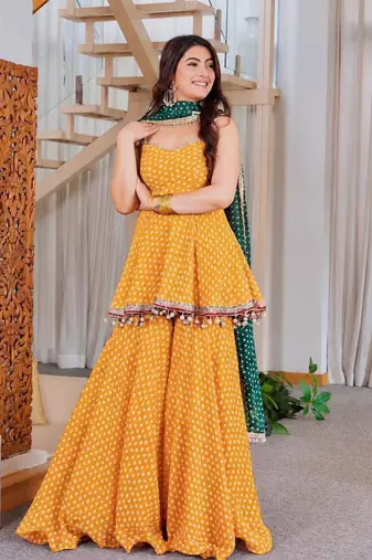 Dark-yellow faux georgette printed palazzo set