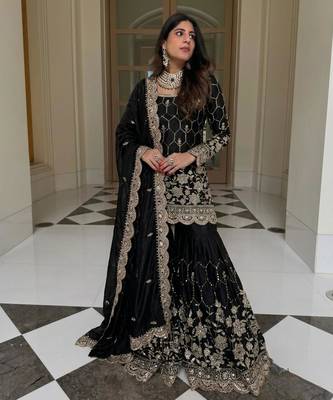 Black silk blend embroidered sharara set 1