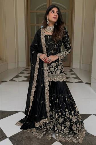 Black silk blend embroidered sharara set