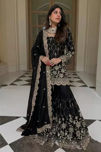Black silk blend embroidered sharara set