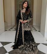 Black silk blend embroidered sharara set