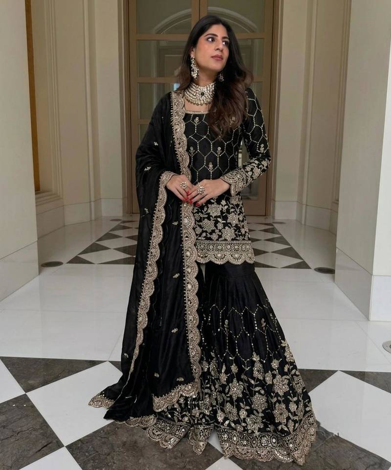 Black silk blend embroidered sharara set