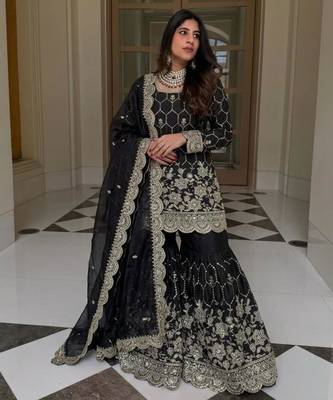 Black silk blend embroidered sharara set 2