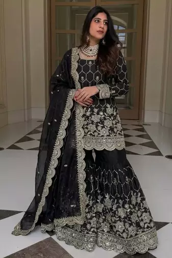 Black silk blend embroidered sharara set