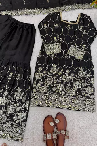 Black silk blend embroidered sharara set