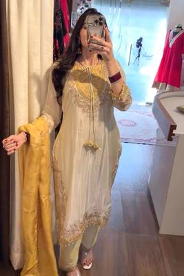 Cream silk blend embroidered kurta set 1