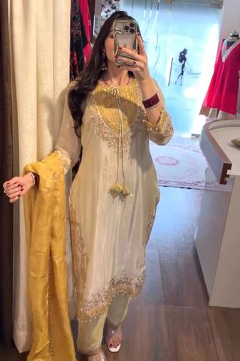 Cream silk blend embroidered kurta set