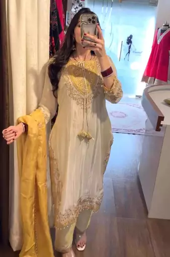 Cream silk blend embroidered kurta set