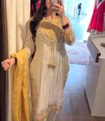 Cream silk blend embroidered kurta set