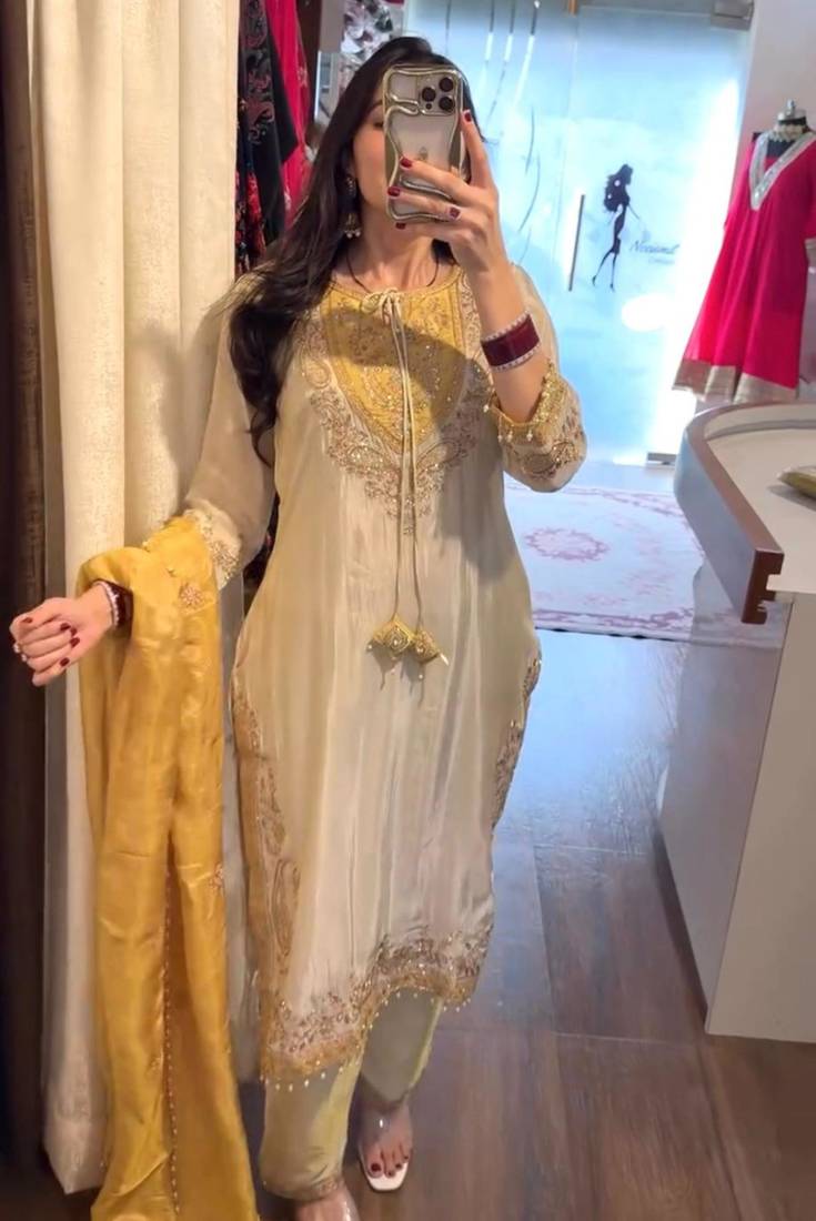 Cream silk blend embroidered kurta set