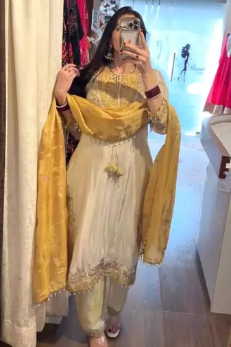 Cream silk blend embroidered kurta set