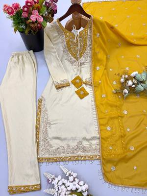 Cream silk blend embroidered kurta set 4