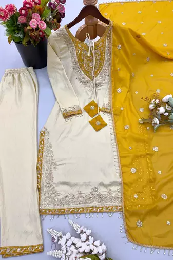 Cream silk blend embroidered kurta set