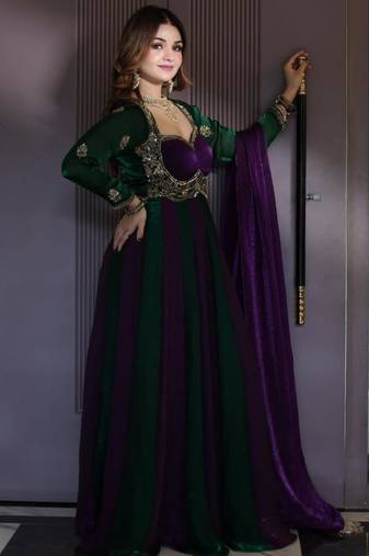 Purple silk blend embroidered anarkali set
