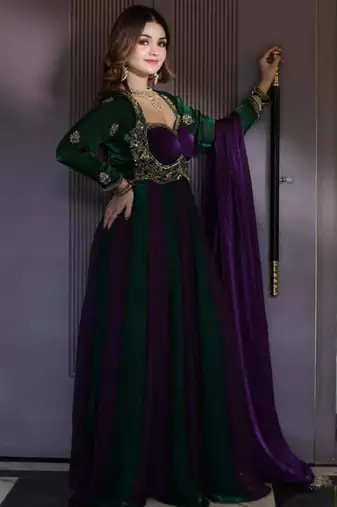 Purple silk blend embroidered anarkali set