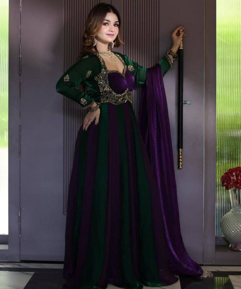 Purple silk blend embroidered anarkali set