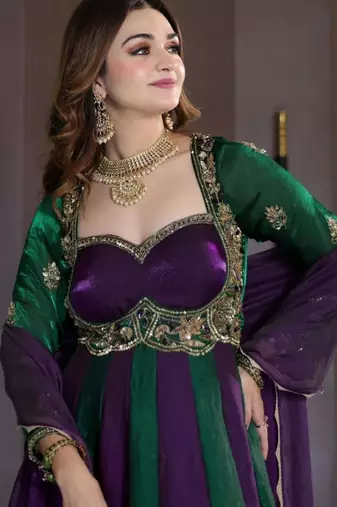 Purple silk blend embroidered anarkali set