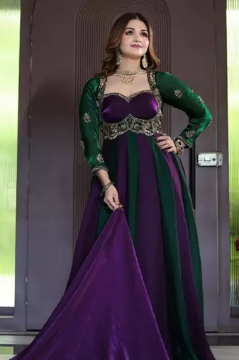 Purple silk blend embroidered anarkali set