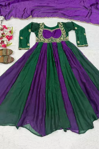 Purple silk blend embroidered anarkali set