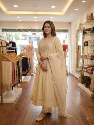 Cream silk blend embroidered anarkali set 1